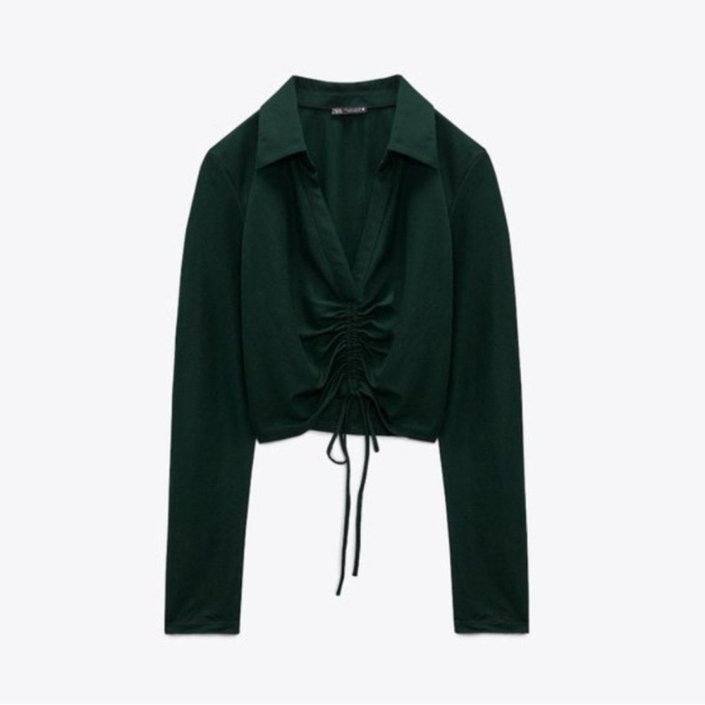 Zara green ruched collar long sleeve top